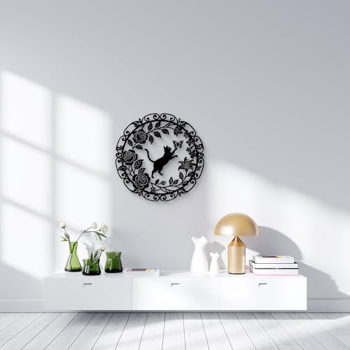GlintHome Metal Cat Wall Art Decor Butterflies and Cats Black Wall Hanging Decor Silhouette for Home Bedroom Living Room Bathroom Kitchen Office Garden Wall Decoration - color: Black-2, size: Small