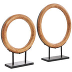 Deco 79 Wood Geometric Decorative Sculpture Circular Ring Home Decor Statues with Black Metal Stands, Set of 2 Accent Figurines 20", 16"H, Brown