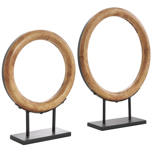 Deco 79 Wood Geometric Decorative Sculpture Circular Ring Home Decor Statues with Black Metal Stands, Set of 2 Accent Figurines 20", 16"H, Brown