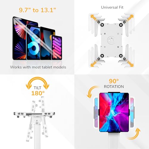 Mount-It! Anti-Theft Universal Tablet Floor Stand Kiosk, Locking Enclosure for iPad, Galaxy Tab & Surface Pro 9.7"–13.1", Height Adjustable 27.5"–47", Commercial Kiosk Stand, White - color: White