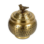 Round Hammered Metal Container with Bird Finial, Brass Finish - style: Bird