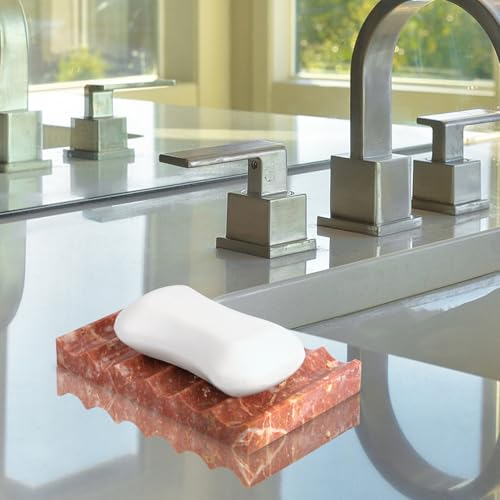 Luxury Marble Travertine Soap Dish Tray,Rectangle Stone Marble Soap Tray,Self Draining Soap Holder for Bathroom, Kitchen (Red Travertine) - color: Red Travertine