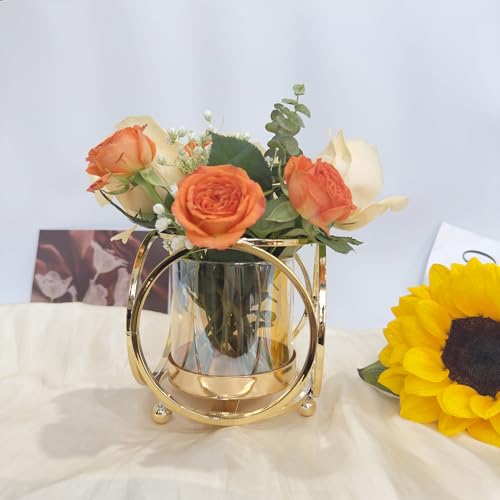 Gold Hurricane Candle Holder with Metal Frame & Windproof Glass Lid, Geometric Cutouts for Weddings, Parties, Home Decor - size: Small