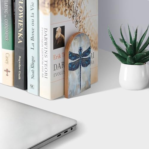 Blue Ethnic Dragonfly Book Ends Decorative Wood Bookends for Shelves Kids Room Desk Home Office Book Stoppers for Books, DVDs, 1 Pair/2 Pieces(5x3.1 in) - color: Blue Dragonfly