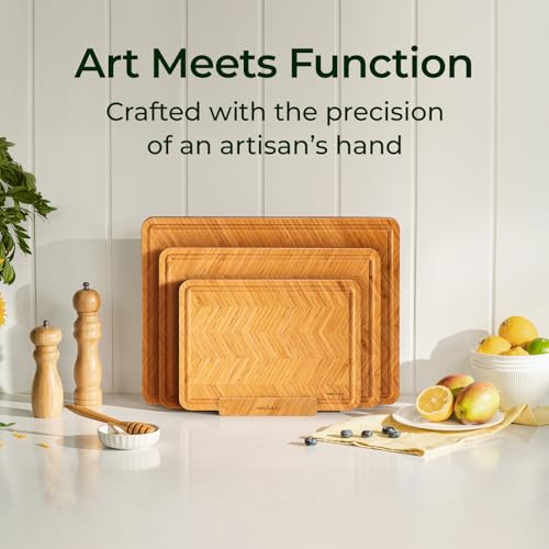 Keechee Bamboo Cutting Board, Reversible Wood Cutting Boards for Kitchen with Juice Grooves, Atelier Collection Handcrafted Large Serving Tray, Luxury Housewarming Wedding Gifts for New Home - size: Set of 3 (M+L+XL)