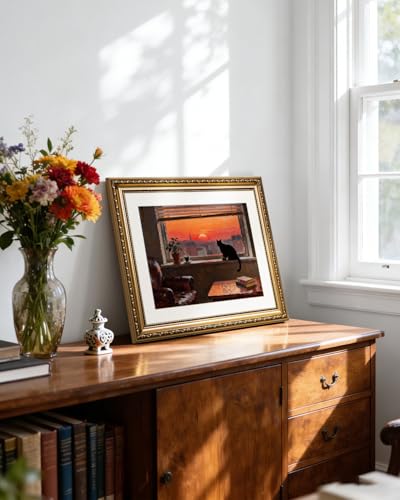 HUARCEY Vintage Sunset Black Cat Artwork 13''x16'' Canvas Print, Ornate Gold Framed Wall Art, Moody Aesthetic City Window View Quiet Moment Decor for Home Living Room Bedroom Study Office - color: Cat Watching, size: 16"L x 13"W