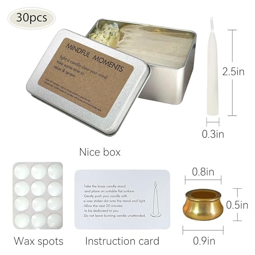 Mini Taper Candle Meditation Candles,White 20 Minute Prayer Candlestick Dripless Beeswax Candles with Brass Candle Holder for Yoga & Spiritual Rituals,30-WHI - color: MCBEE30PC-WHITE