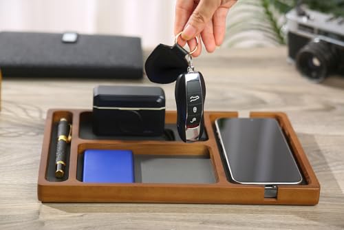 Shinpuru Wooden Valet Tray for Men, Nightstand Organizer with Leather Inlay, EDC Essentials Catchall Tray for Keys, Phone, Wallet, Watch, Earbuds - Bedside Desk Entryway Tray (Wood-Pen) - color: Brown-P