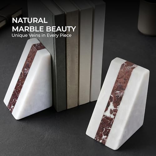 White Marble Bookend 6" - Book Stoppers for Bookshelves - Modern Decorative Marble Bookends for Home and Office, White - color: White