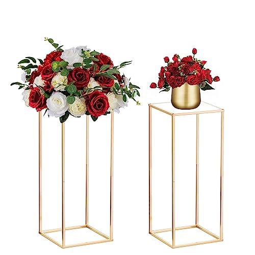 Nuptio Wedding Centerpieces Gold Vases: 2 Pcs 23⅝ inch Tall Flower Stand Metal Floor Vase Column Geometric Centerpiece Stands Rectangular Display Rack for Weddings Party Decoration - size: 23⅝" H x 2 Pcs