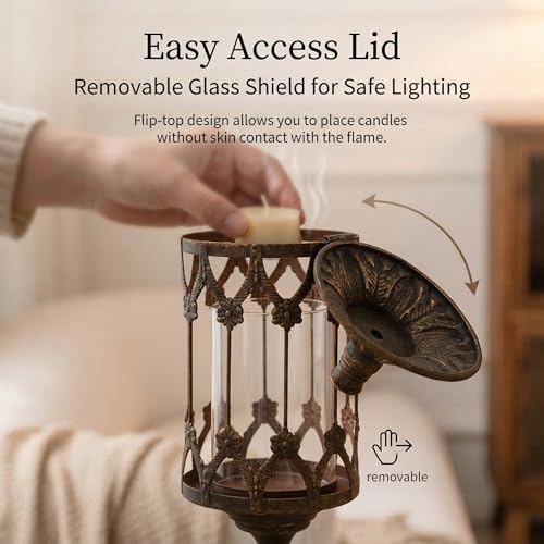 Vintage Floor Candelabra - 41" Tall Antique Gold Candle Holder with Glass Lantern, Rustic Gothic Metal Pillar Stand for Home Decor, Wedding & Event Centerpiece