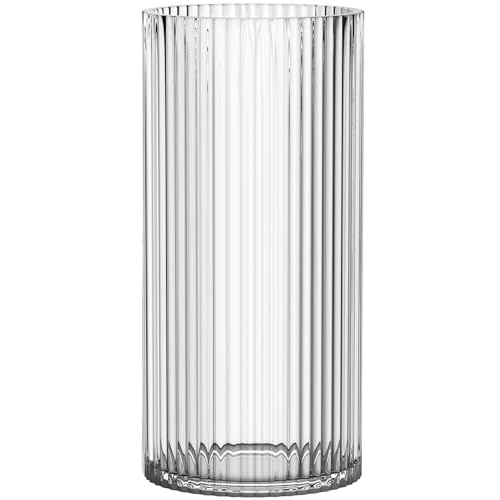 Clear Glass Vase, Glass Flower Vase, Ribbed Glass Vase, Clear Vase, Tall Cylinder Glass Vases for Centerpieces, Living Room, Dining Table, Office, Wedding, Bookshelf Decoration, 9.8 Inches - color: Clear, size: 10''