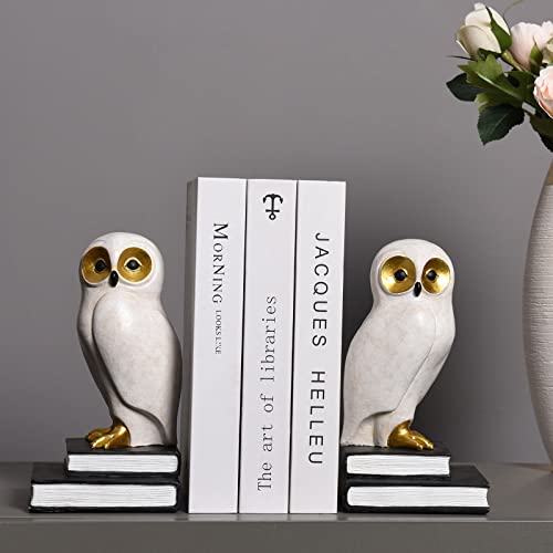 Book Ends for Shelves, Owl Decorative Bookends Bronze Bird Book Stopper Unique Kids Book Holders with Anti-Slip Base Luxurious Bookends for Kids Rooms Office Home Decor(White) - color: Owl-white