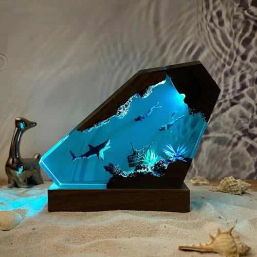 Ocean Creative Epoxy Resin Wood Light Lamp, Handmade Multi Color Aquatic Ocean Lamp Deep Sea Diver Cave Diving Enthusiasts Led Night Light Desktop Decor Christmas Birthday Gift (White Shark, S) - color: White Shark