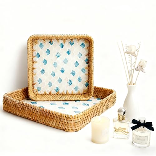 1 pcs Rectangle Rattan Serving Tray with Mother of Pearl Inlay, Decorative Wicker Tray for Coffee, Bread, Fruits, Elegant Table Decor for Living Room & Dining Room - color: Blue-blue Scale Pattern