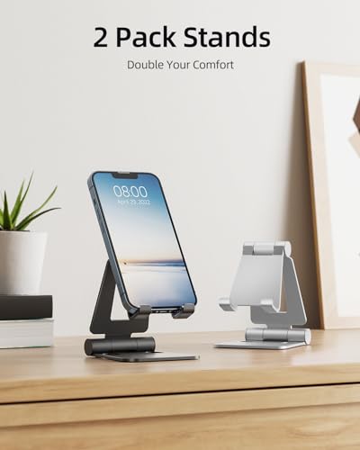 Nulaxy 2 Pack Fully Aluminum Dual Folding Cell Phone Stand, Adjustable Foldable Desktop Phone Holder for Desk Compatible with iPhone 17 16 15 14 13 12 11 Pro Max Xs Xr X 8, All Phones, Black & Silver - color: A-Black & Silver