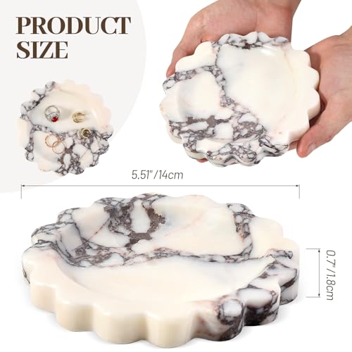 Koville 5.51" Scalloped Calacatta Viola Marble Tray, Round Stone Jewelry Trinket Dish for Ring, Natural Small Marble Tray for Bathroom Kitchen Dresser Countertop, Decorative Candle Tray - color: Calacatta Viola, size: D=5.51"