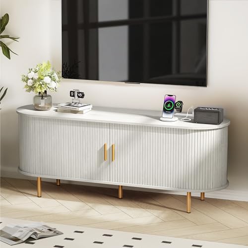 DHH 55 Inch Mid Century Modern TV Stand with Power Outlet for TVs up to 60 Inch, Entertainment Center with Storage and Adjustable Shelves, Media Console with Sliding Doors for Living Room(White) - color: White, size: 55 Inch