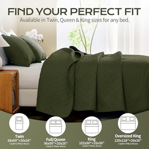 JYHOPE Olive Green Twin Quilt Set 68x90 Lightweight Microfabric Bedspread, 3-Piece Quilt Bedding with Pillow Shams, Summer Cooling Quilts, Ribbon Wrapped Gift - color: Weave Pattern-olive Green, size: Twin(68x90)