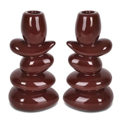 Faux Pebble Taper Candle Holders Set of 2, Modern Candlestick Holders for Table Centerpieces,Shelf Decor,Housewarming Gift, Fits 0.87'' Candles, Coffee Brown
