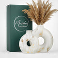 Modern Ceramic Donut Vase Set of 2 - Boho Design White and Gold Marble Pattern Vases for Flowers and Pampas - Elegant Home Decor Centerpieces for Coffee Tables - Entryways - Dining and Living Rooms