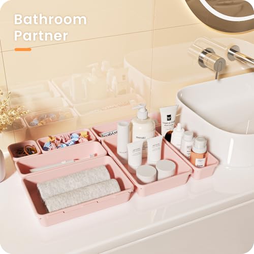 A-LuGei 【𝟮𝟴𝗣𝗖𝗦】 【𝟱𝗦𝗶𝘇𝗲】 Pink Drawer Organizer, Makeup organizer, 【Holds 177 Items】 Bathroom Organizers and Storage, Plastic Desk Organizer Divider, Organizer Bins for Office Vanity - color: Pink
