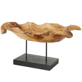 Deco 79 Teak Wood Leaf Decorative Sculpture Floating Home Decor Statue with Black Stand and Base, Accent Figurine 21" x 11" x 10", Brown