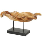 Deco 79 Teak Wood Leaf Decorative Sculpture Floating Home Decor Statue with Black Stand and Base, Accent Figurine 21" x 11" x 10", Brown