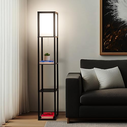 Brightech Maxwell - Modern Shelf Floor Lamp with Lamp Shade & Warm White LED Bulb, Corner Display Floor Lamp with Shelves for Living Room, Bedroom, Nightstand Office, Home Decor Storage - Black - color: Black