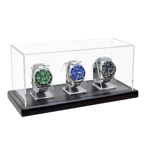 Acrylic Watch Display Case for 3 Watches with Solid Wood Base, Dustproof 3mm Clear Watch Showcase and Organizer for Men & Woman, Luxury Watch Stand - size: Display Case (No LED) For 3 Watch