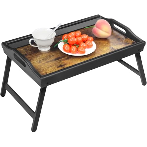 Tray Table for Bed, Bamboo Breakfast Serving Tray with Folding Legs and Handles, Laptop and Snack Bed Table with Cross Bar & Media Slot, Dark Brown with Black Legs, for Bedroom, Sofa, Kitchen - style: 1 pack（Dark brown with black legs）