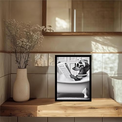 Framed Black and White Funny Cat and Dog Wall Art Set of 2 Canvas Prints, Vintage Animals Reading Newspaper Wall Decor, Humorous Pet Bathroom Decor Pictures with Wood Frame Acrylic Front for Bathroom Decor 12x16IN - color: cat and dog, size: 16"L x 12"W