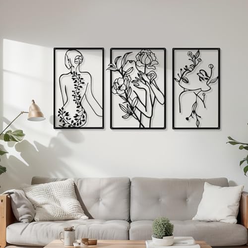 CHENGU 3 Pieces Metal Minimalist Abstract Woman Wall Art Line Drawing Wall Art Decor Single Line Female Home Hanging for Kitchen Bathroom Living Room - style: Lovely Style