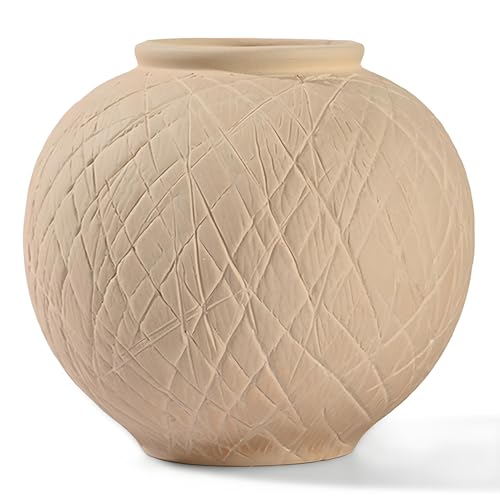 Carved Rustic Farmhouse Vase Home Decor - 6 in Ceramic Boho Decorative Vase for Decor, Round Clay Beige Terracotta Bowl vase for Living Room, Table, Shelf, Centerpieces - style: 03 - Small Rustic Carved Beige