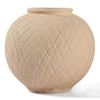 Carved Rustic Farmhouse Vase Home Decor - 6 in Ceramic Boho Decorative Vase for Decor, Round Clay Beige Terracotta Bowl vase for Living Room, Table, Shelf, Centerpieces - style: 03 - Small Rustic Carved Beige