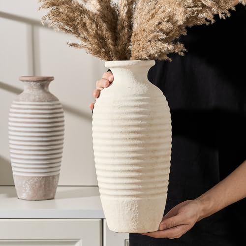 Vaseking Ceramic Natural Rustic Vase, 14.4 Inch Large Vintage Flower Threaded Decorative Farmhouse Tall Vase for Home Decor, Living Room, Shelf Decor, Wedding, Housewarming Gift, Off-White - color: Off-white, size: 14.4"
