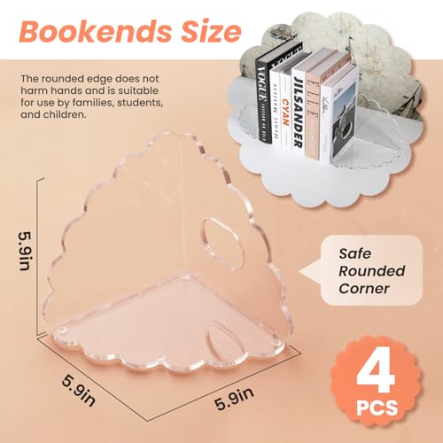 Scalloped Acrylic Bookends 4 Pack, Heavy Duty Clear Book Holder Stands with Non-Slip Pads for Large Books, Files, CDs & Games, Modern Shelf & Office Organizer - color: 4 Pcs