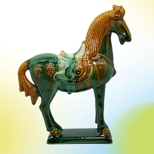 Handmade Tang Dynasty Tri-Color Horse Ceramic Sculpture - 19cm Traditional Chinese Cultural Art Decor - Symbol of Prosperity & Good Fortune - Perfect for Home, Office, Bookcase Shelf (Green) - color: Green