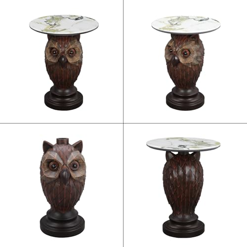 Owl Side Table, Round End Table with Faux Marble Top, Resin Owl Statue Base, Unique Animal Accent Table for Living Room, Bedroom, Nursery, Rustic Brown 22.83“ Tall 17.17" Height - style: OWL Table