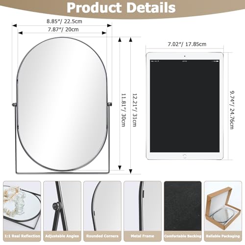 Vanity Desk Table Mirror, Adjustable Rotation Oval Tabletop Standing Makeup Mirror with Metal Framed for Living Room, Bedroom, Bathroom, Dark Grey