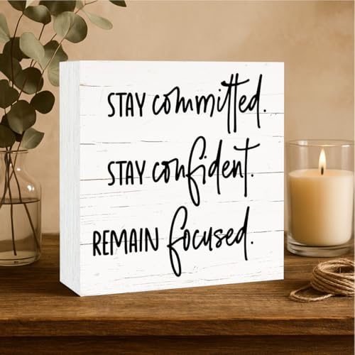 Inspirational Wooden Box Sign, Modern Farmhouse Shelf Decoration, Motivational Home Office Study Decor, Decorative Table Signs, Stay Committed Stay Confident Remain Focused Sign, White - color: Inspirational15