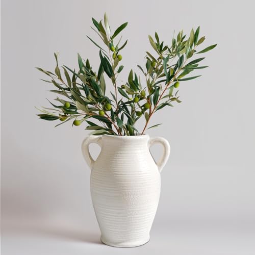 Sunddo White Ceramic Vase for Home Decor, 8 inch Farmhouse Flower Vase with 2 Handles, Rustic Boho Pottery for Room Decor Aesthetic, Bathroom Table Fireplace Decorative - color: Rustic White - 8, size: 8 Inch