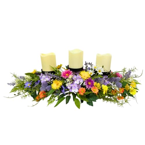 26 Inch Spring Summer Centerpiece with 3 Candle Holders Floral Table Centerpiece with Daisies and Wildflowers for Dining Table Mantel Wall and Farmhouse Table Decoration