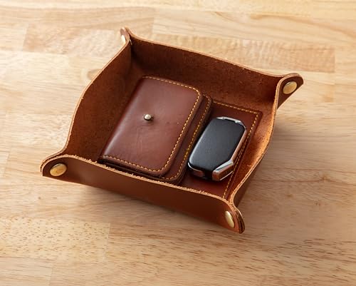 USA Handmade Premium Leather Valet Tray, Folds Flat! Dice Rolling Basket and Organizer with Brass Snaps (Chestnut Gold, Medium) - color: Chestnut Gold, size: 5" x 5" x 2"