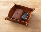 USA Handmade Premium Leather Valet Tray, Folds Flat! Dice Rolling Basket and Organizer with Brass Snaps (Chestnut and Blue Gold, Medium) - color: Chestnut and Blue Gold, size: 5" x 5" x 2"
