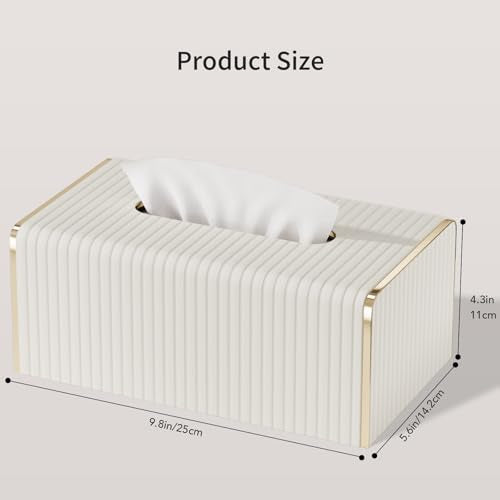 Tissue Box Cover,White Rectangle Leather Tissue Box Holder with Gold-Tone Edging Decoration,Decorative Tissue Cover for Bathroom Toilet Bedroom Living Room Table Desk Office (White, Rectangle) - color: Cream White, size: Rectangle Standard