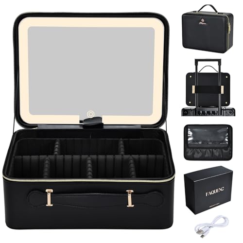 Faquenc 11.4 Inch Extra Large Makeup Bag with LED Lighted Mirror Leather Cosmetic Train Case Light up Mirror Portable Makeup Artist Storage Bag with Dividers Makeup Brush Holder Vanity Black - color: 11.4 Inch Black, size: 2-Medium