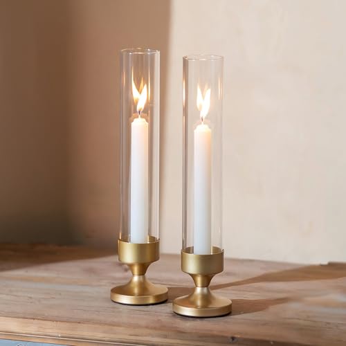 NUPTIO Hurricane Candle Holder for Centerpiece: Set of 2 Metal Taper Candle Holders with Glass Cylinders - Gold Candlestick Holders for Birthday Valentine Dinner Table Decor - size: 2 Pcs