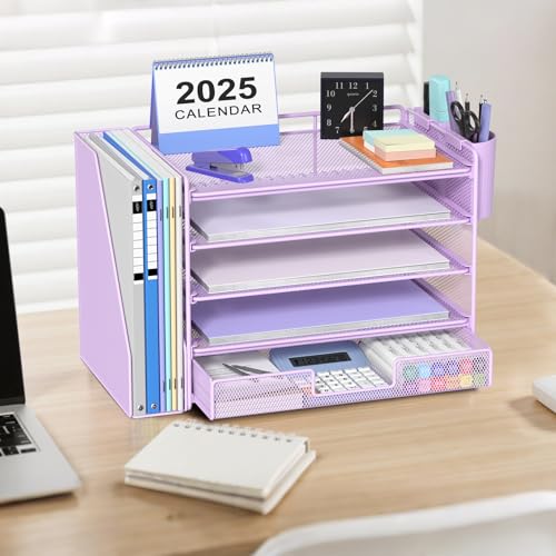 OPNICE Desk Organizer, 5-Tier Paper File Organizer with Drawer & Pen Holder, Office Desk Accessories, Workspace Desktop Organizer for Office Supplies(Purple) - color: Purple, size: 5-Tier