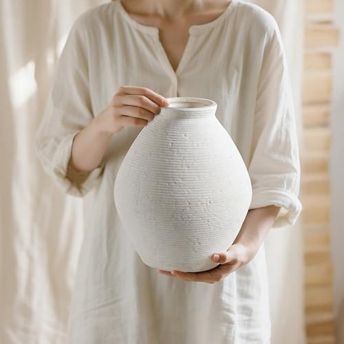 12” Ceramic Distressed Vase Handcrafted Rustic Neutral Decorative Floor Vases Home Decor Accent for Living Room, Dining Table, Entryway or Shelf Styling - size: 12 inch-Round